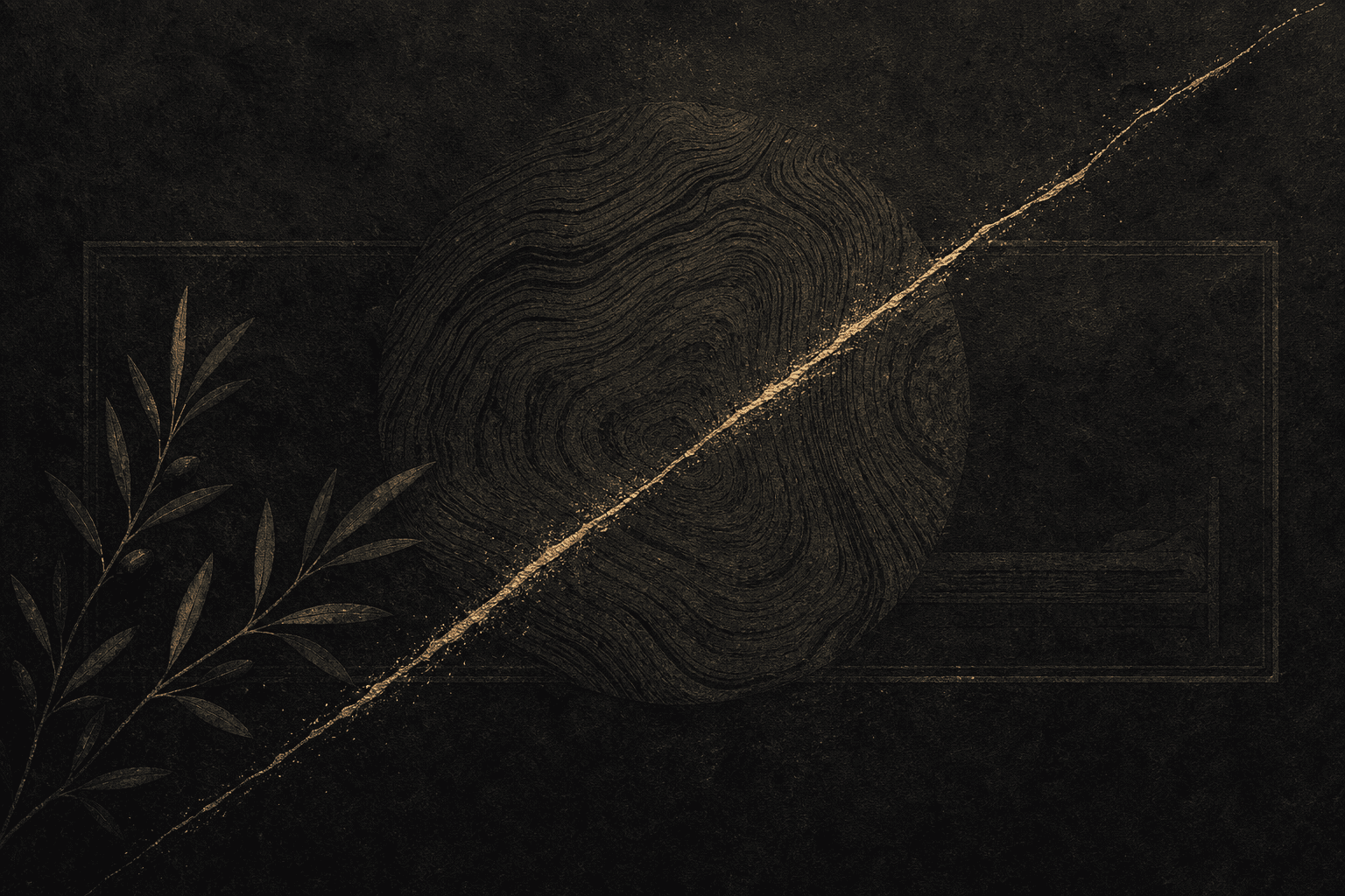 A bronze scar line crossing subtle olive wood grain on charcoal paper