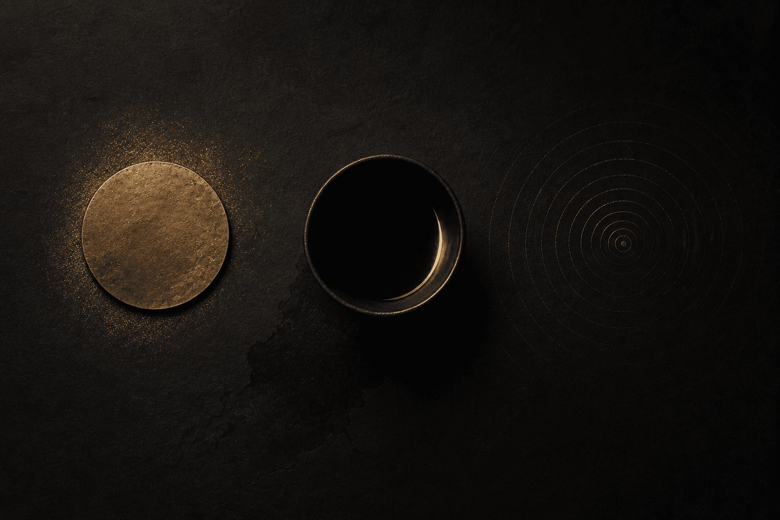 A restrained bronze image of a dark table, woven thread, and a cup suggesting temptation