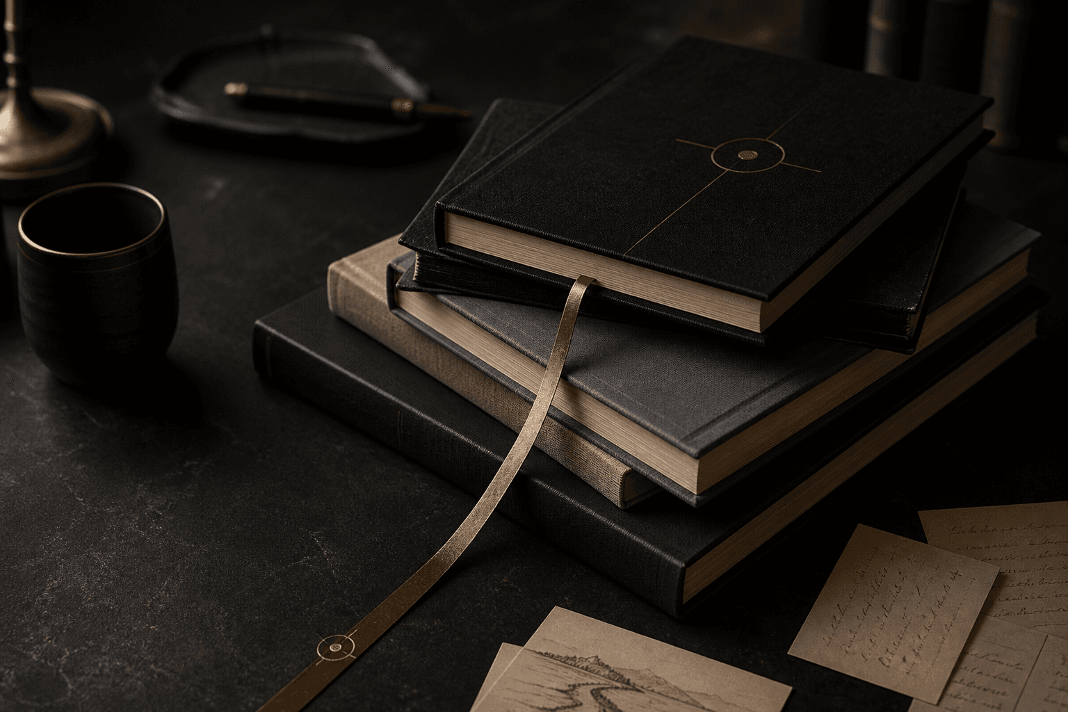 Anonymous dark books and annotation slips on a desk with a bronze bookmark line